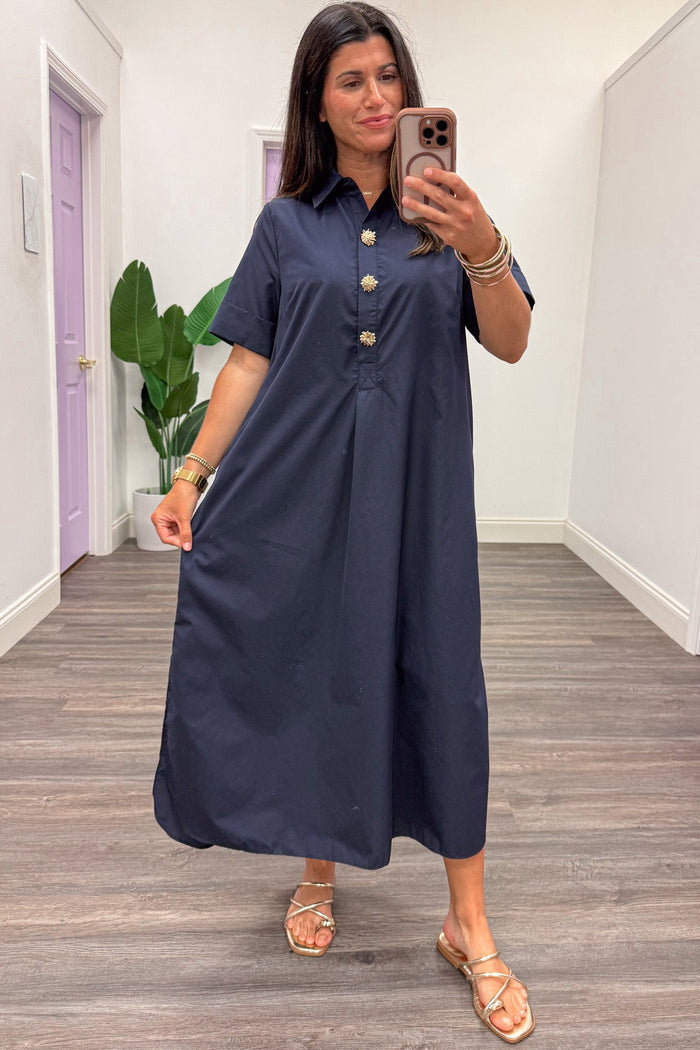 navy blue with gold decorative bodice buttons short sleeve relaxed silhouette midi dress