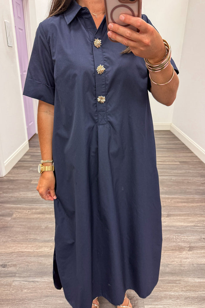 navy blue with gold decorative bodice buttons collared v neckline short sleeve midi dress
