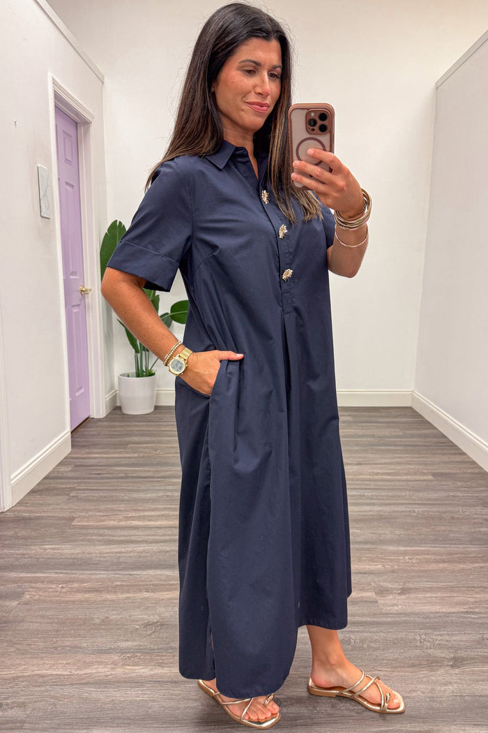 navy blue with gold decorative bodice buttons short sleeve midi dress with side pockets