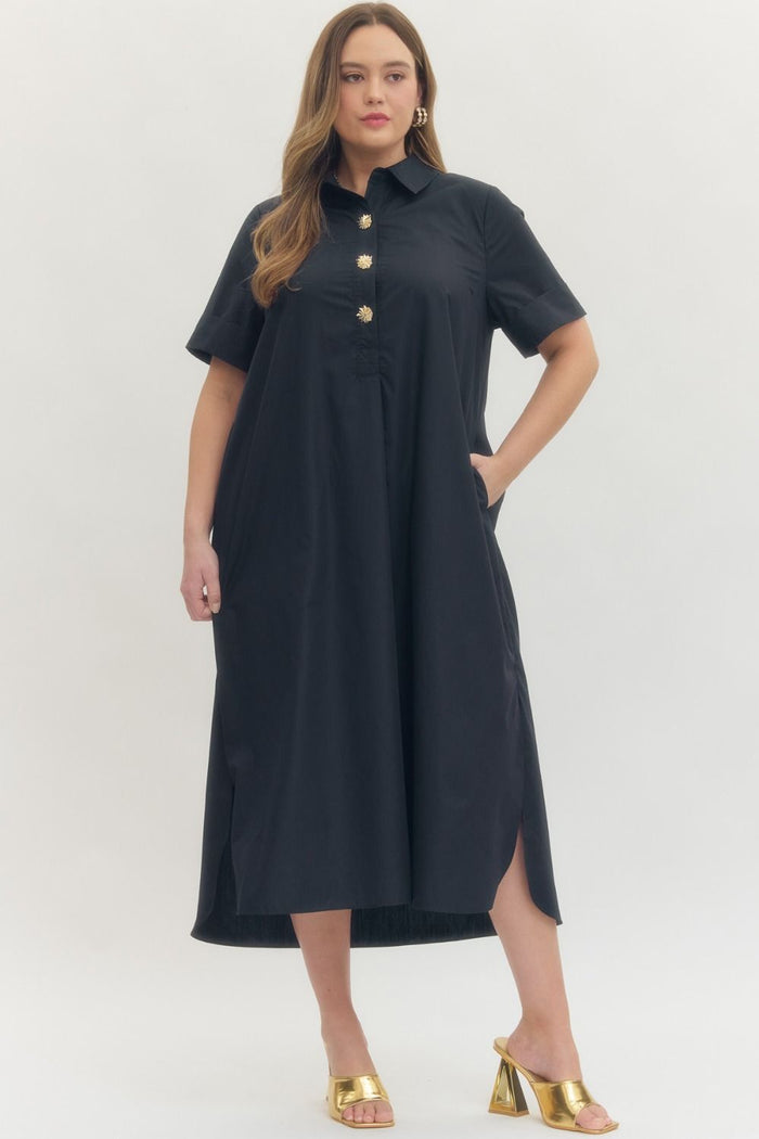 Entro navy midi dress with gold decorative snap bodice and collar in plus size