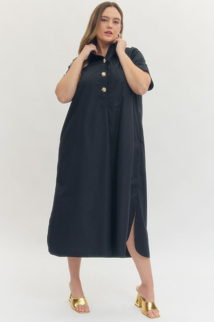 Entro plus size navy midi dress with gold decorative snap bodice, collar and flowy silhouette