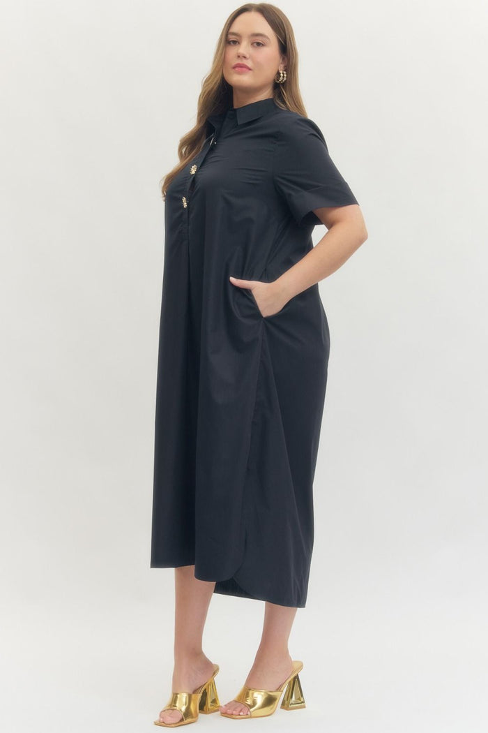 Entro plus size navy midi dress with gold decorative snap bodice, collar and side l pockets