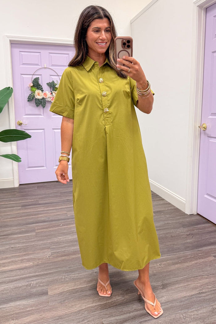 chartreuse cotton midi dress with gold embellished buttons and collar neckline