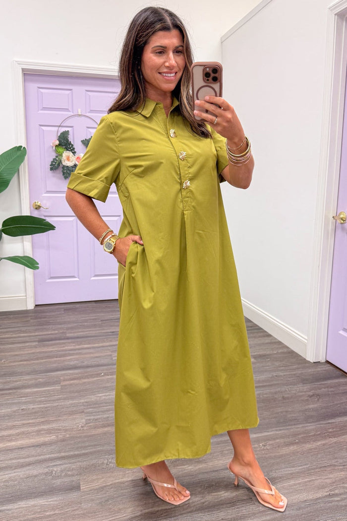 short sleeve chartreuse cotton midi dress with gold embellished buttons and collar neckline