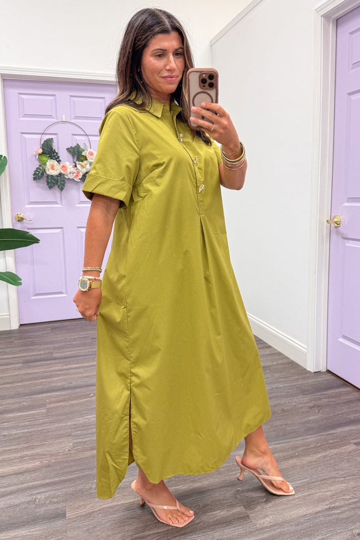 chartreuse cotton midi dress with gold embellished buttons and collar neckline, loose relaxed fit