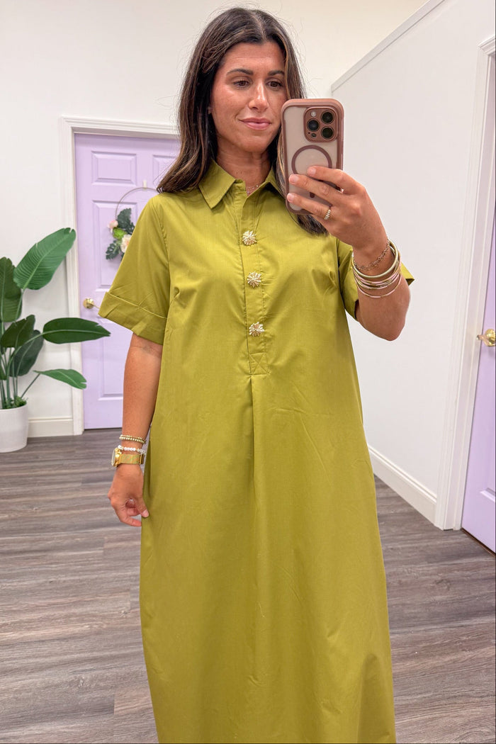 chartreuse cotton midi dress with gold embellished buttons and collar neckline upclose picture