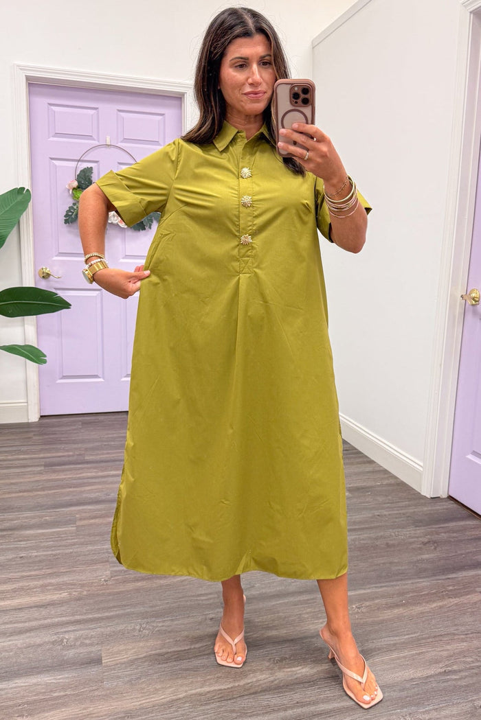 chartreuse green cotton midi dress with gold embellished buttons and collar neckline