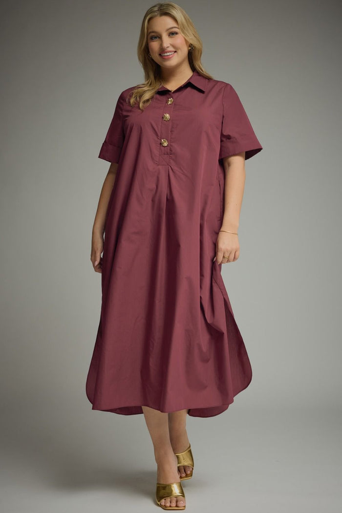 Entro plus size midi dress with gold button front closure