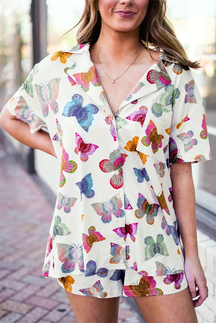 Multicolour Butterfly Pattern Short Sleeve Shirt Pajamas Set - MULTICOLOUR / S / 100% POLYESTER - Loungewear &