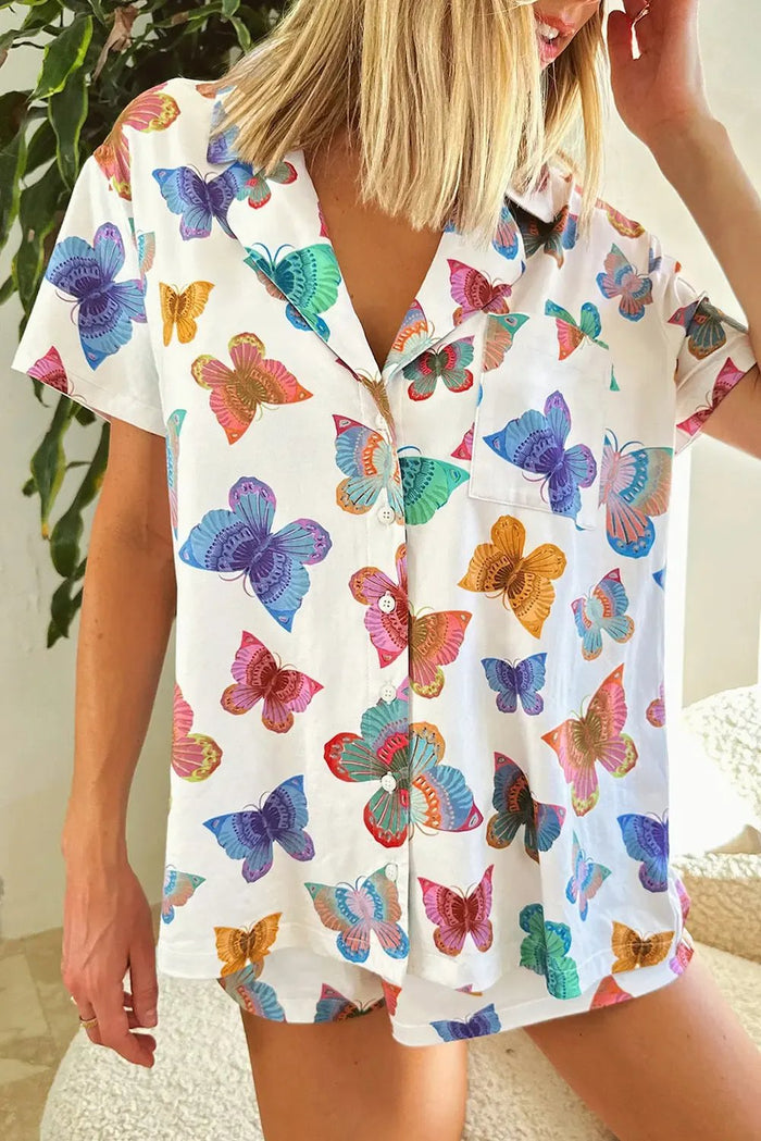 Multicolour Butterfly Pattern Short Sleeve Shirt Pajamas Set - Loungewear & Sleepwear/Sleepwear