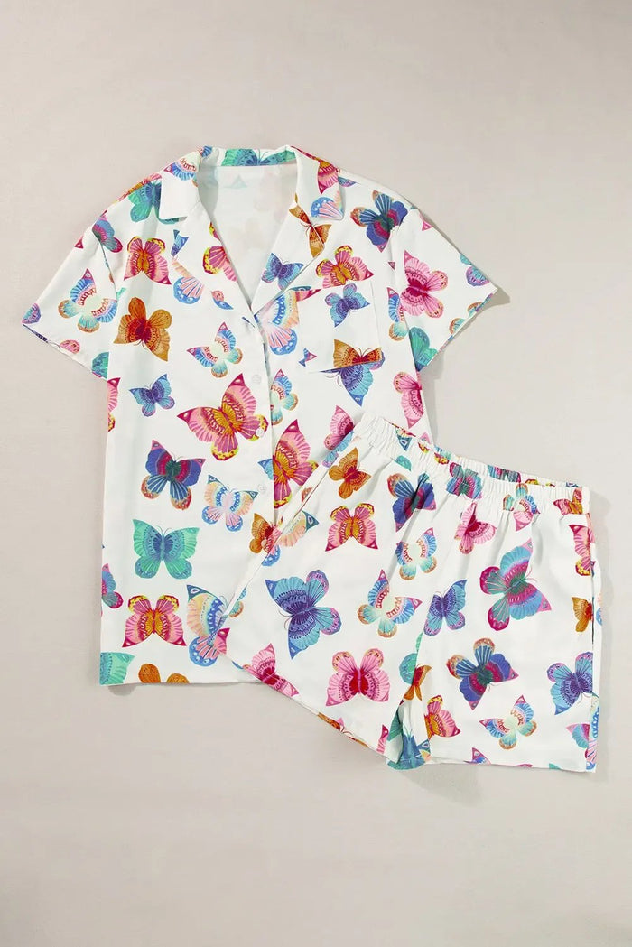 Multicolour Butterfly Pattern Short Sleeve Shirt Pajamas Set - Loungewear & Sleepwear/Sleepwear