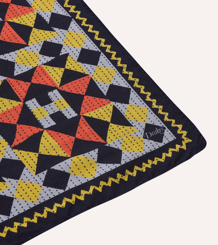 Navy Patchwork Print Wool-Silk Bandana