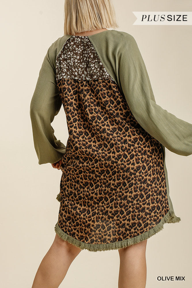 Olive Linen Animal Print Dress- Plus