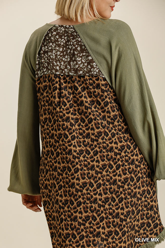 Olive Linen Animal Print Dress- Plus