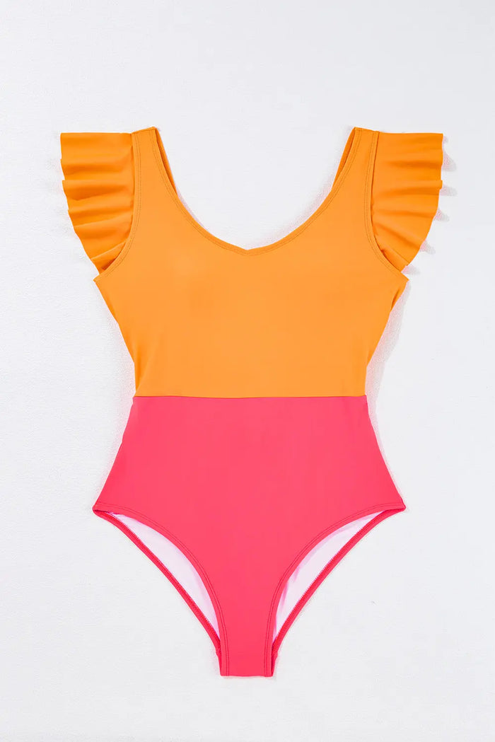 Vitality Orange Colour Block Ruffled Knotted Backless One Piece Swimsuit - S / 82% Polyamide + 18% Elastane
