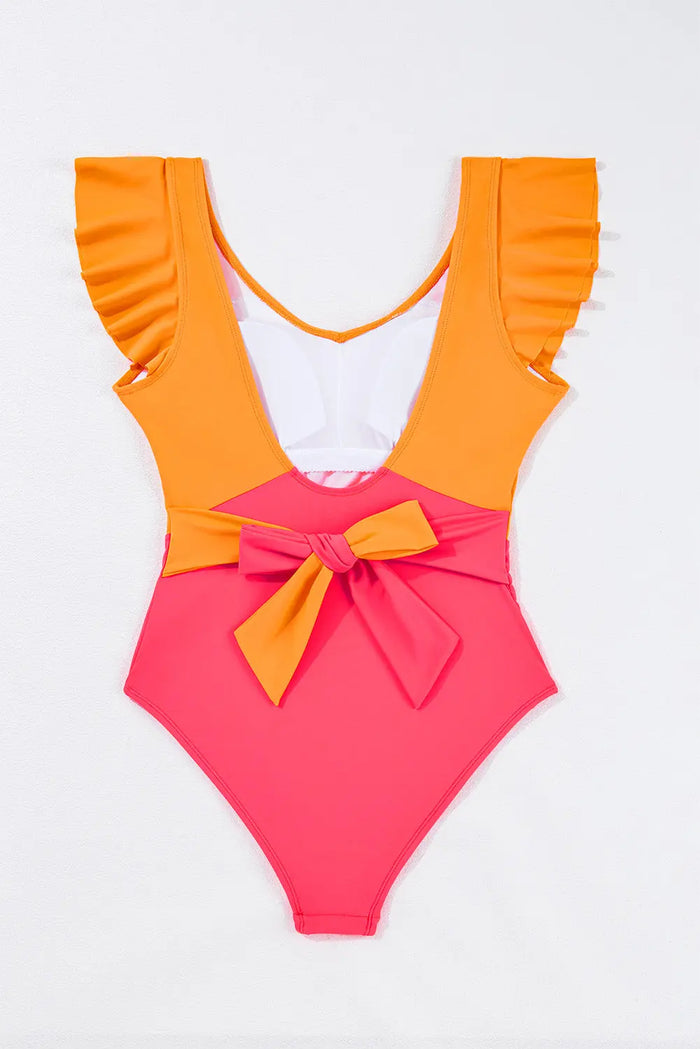 Vitality Orange Colour Block Ruffled Knotted Backless One Piece Swimsuit - Swimwear/One