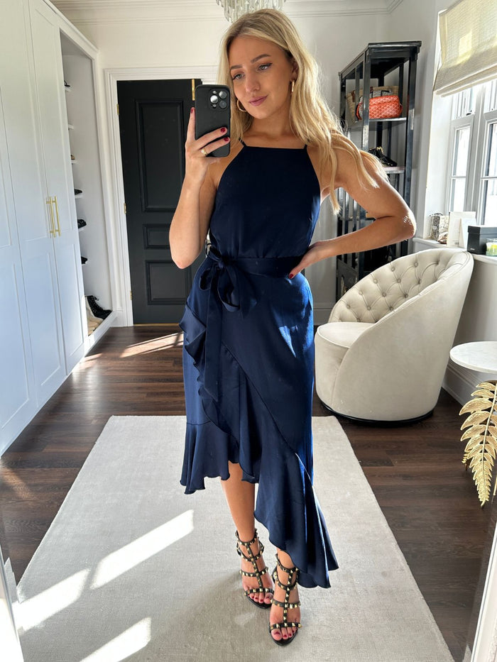 Petite Ariana Halter Frill Dress / Navy - Style Cheat