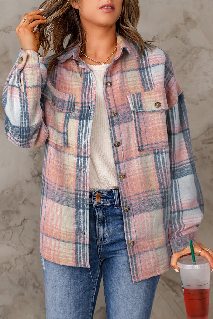 Pink Black/Pink Plaid Flap Pockets Shacket - S / 100% Polyester - Outerwear/Plaid Shackets