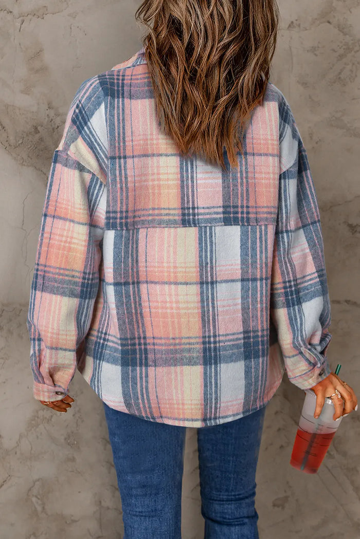 Pink Black/Pink Plaid Flap Pockets Shacket - Outerwear/Plaid Shackets