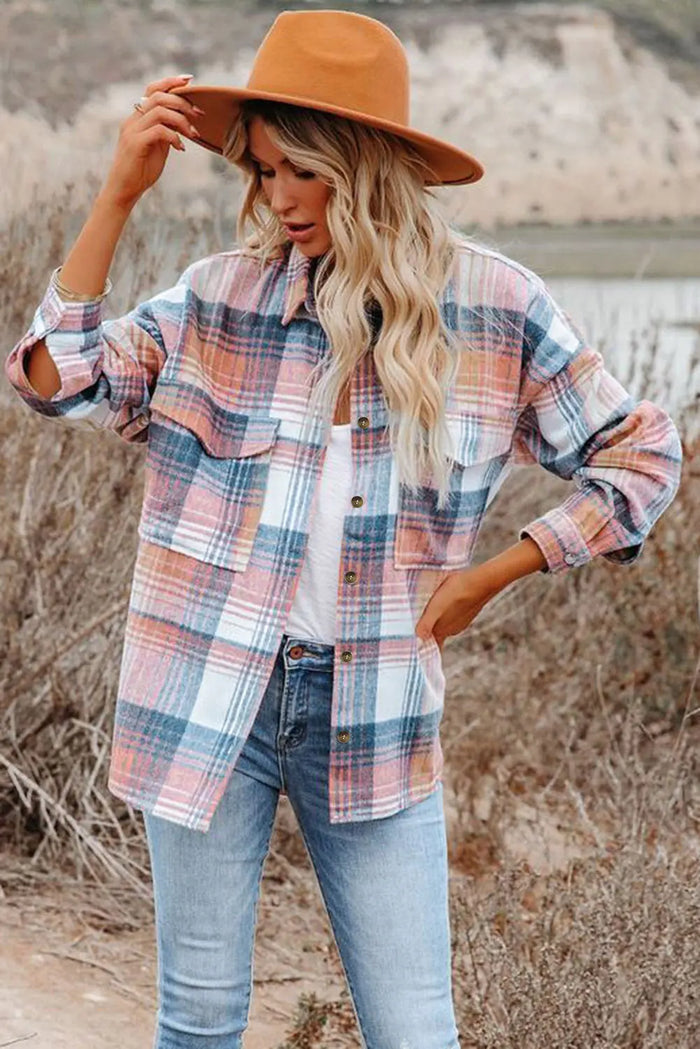 Pink Black/Pink Plaid Flap Pockets Shacket - Outerwear/Plaid Shackets