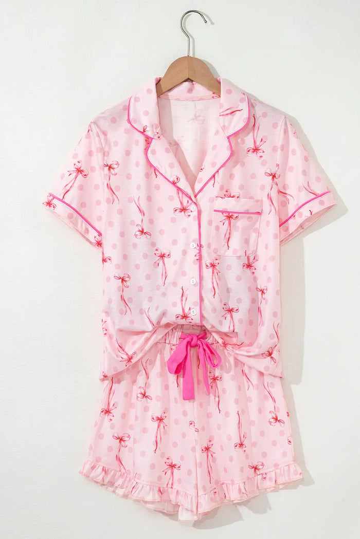 Pink Bow Print Contrast Pipping Short Pyjamas Set - Loungewear & Sleepwear/Pyjama Shorts
