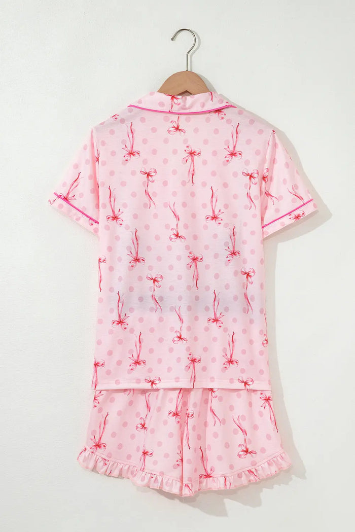 Pink Bow Print Contrast Pipping Short Pyjamas Set - Loungewear & Sleepwear/Pyjama Shorts