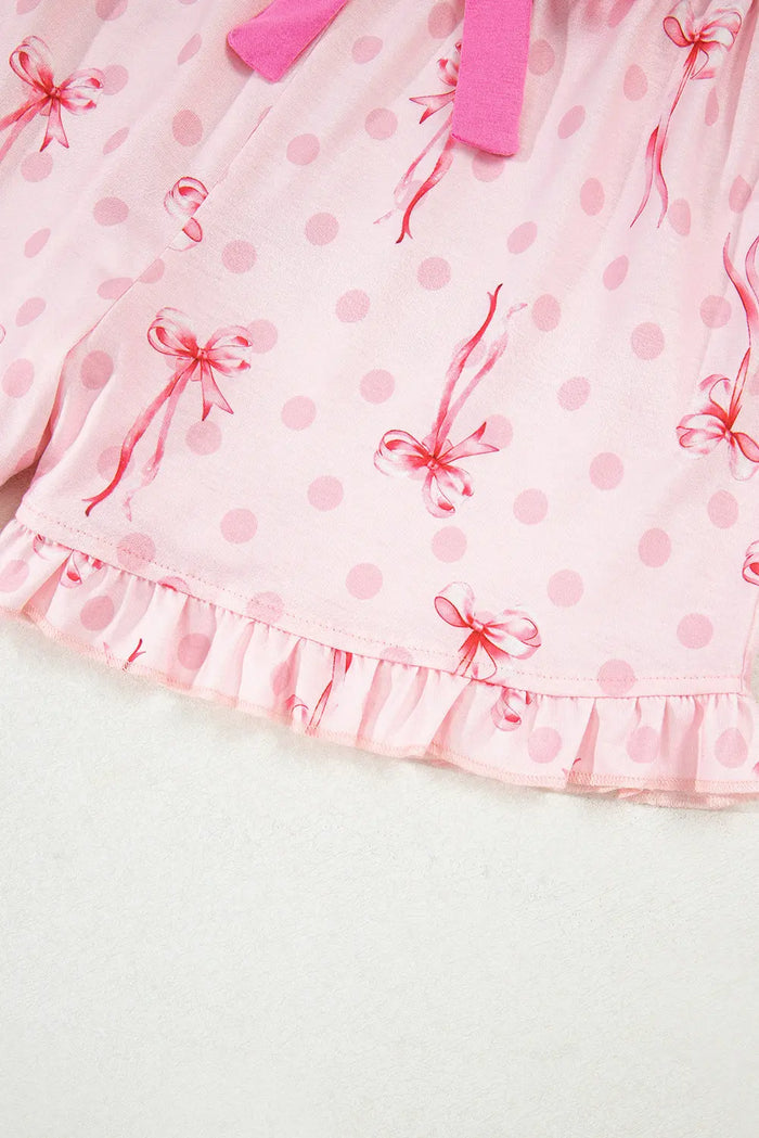 Pink Bow Print Contrast Pipping Short Pyjamas Set - Loungewear & Sleepwear/Pyjama Shorts