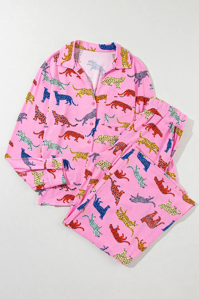 Pink Cheetah Print Shirt and Pants Pajama Set - PINK / S / 95% POLYESTER + 5% ELASTANE - Loungewear &