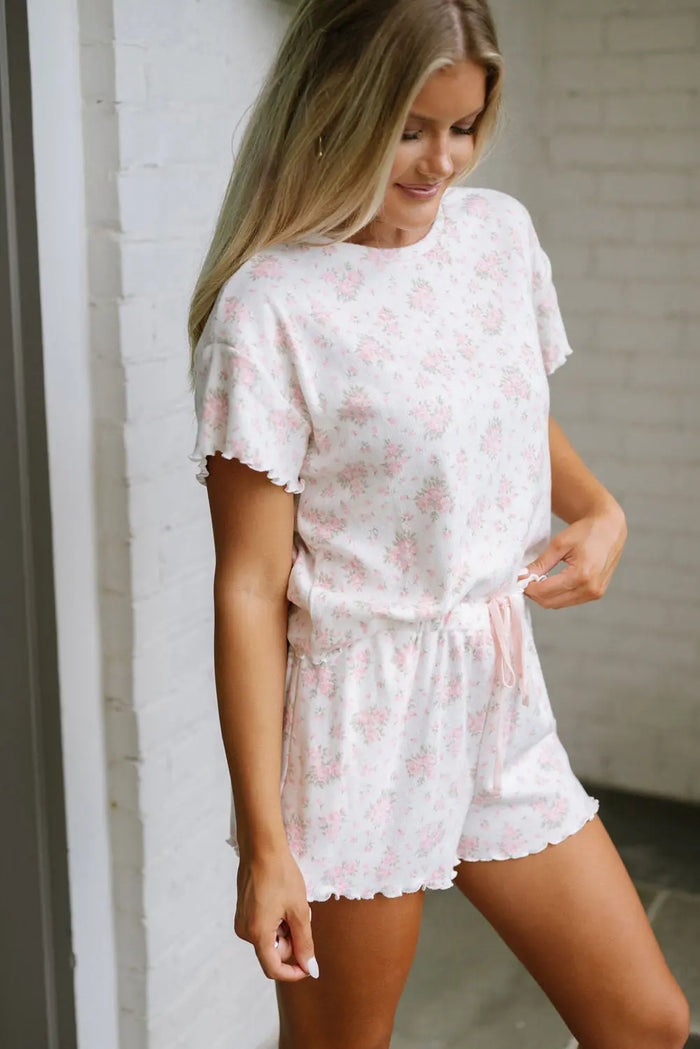 Pink Floral Lettuce Trim Tee and Shorts Ribbed Lounge Set - Loungewear & Sleepwear/Pyjama