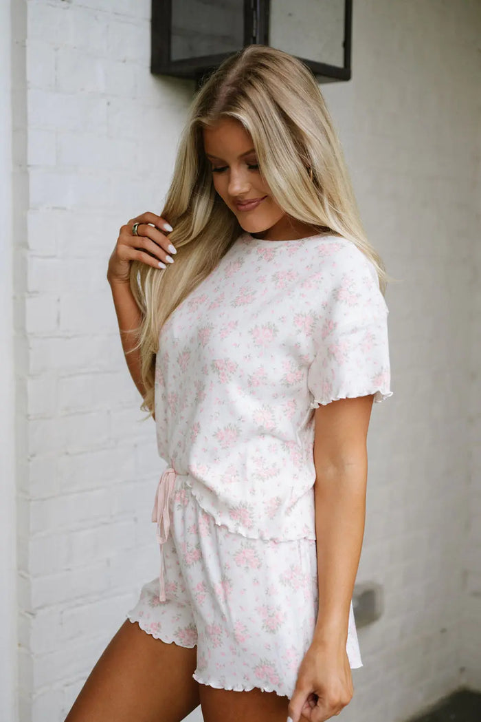 Pink Floral Lettuce Trim Tee and Shorts Ribbed Lounge Set - Loungewear & Sleepwear/Pyjama
