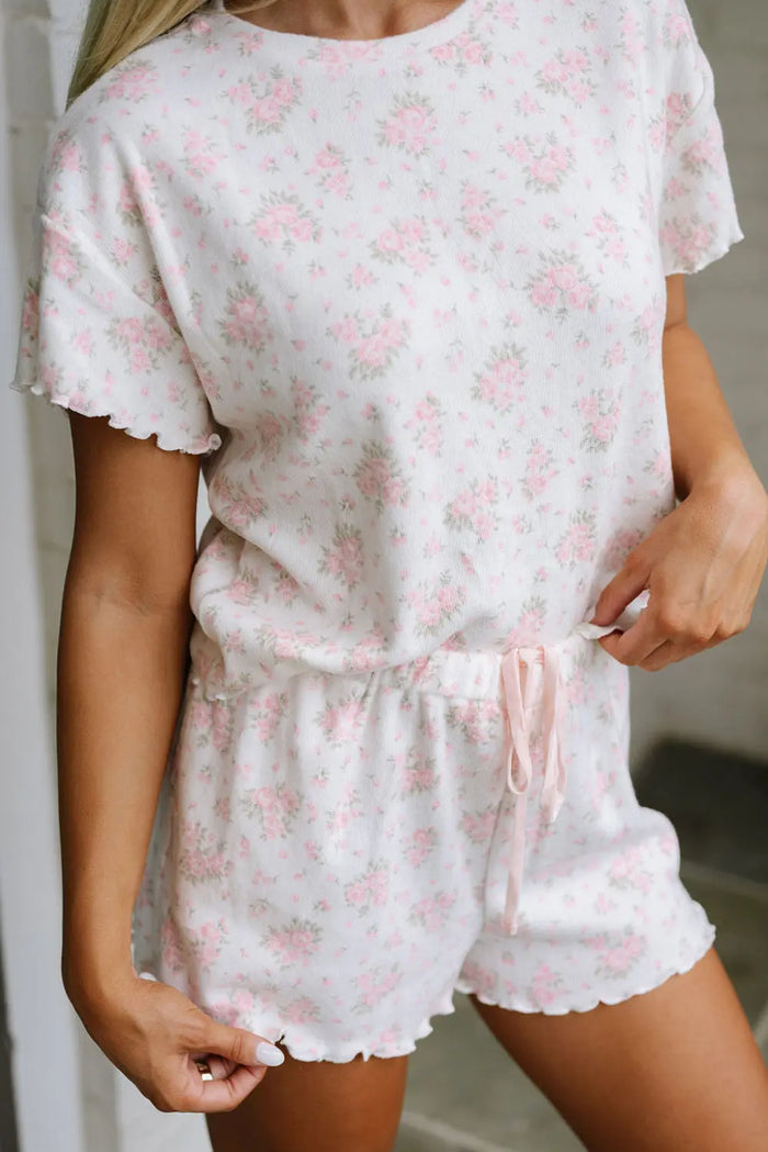 Pink Floral Lettuce Trim Tee and Shorts Ribbed Lounge Set - Loungewear & Sleepwear/Pyjama