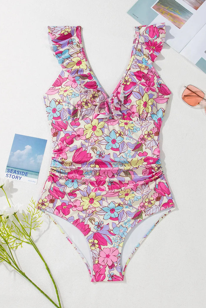 Pink Floral Ruffle Trim V Neck Lace-up Back Tummy Control One Piece Swimsuit - Swimwear/One
