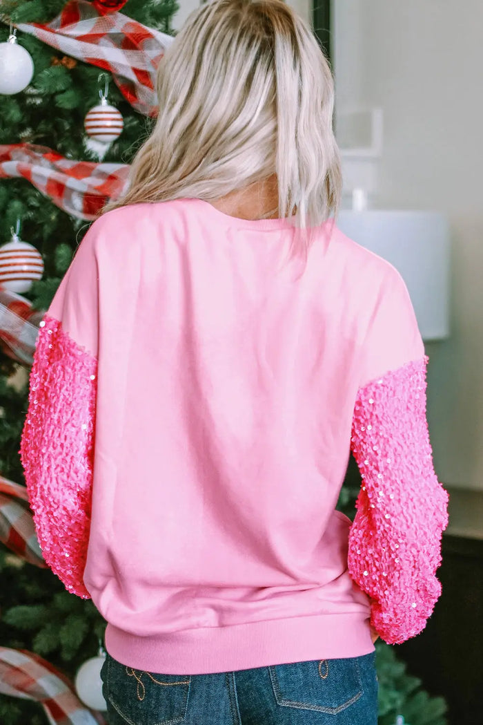 Pink Sequin Patchwork Long Sleeve Pullover Top - Tops/Sweatshirts & Hoodies