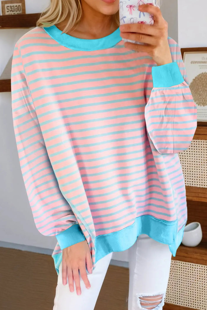 Pink Stripe Contrast Trim High Low Pullover Tunic Sweatshirt - S / 70% Polyester + 25% Cotton + 5% Elastane