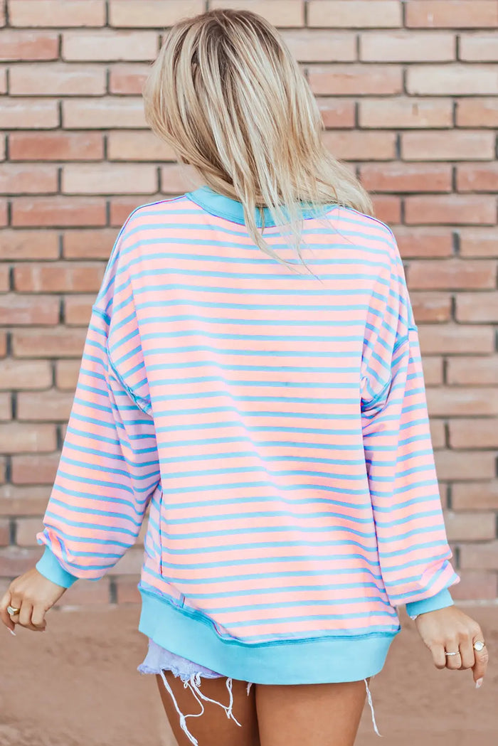 Pink Stripe Contrast Trim High Low Pullover Tunic Sweatshirt - Tops/Sweatshirts & Hoodies