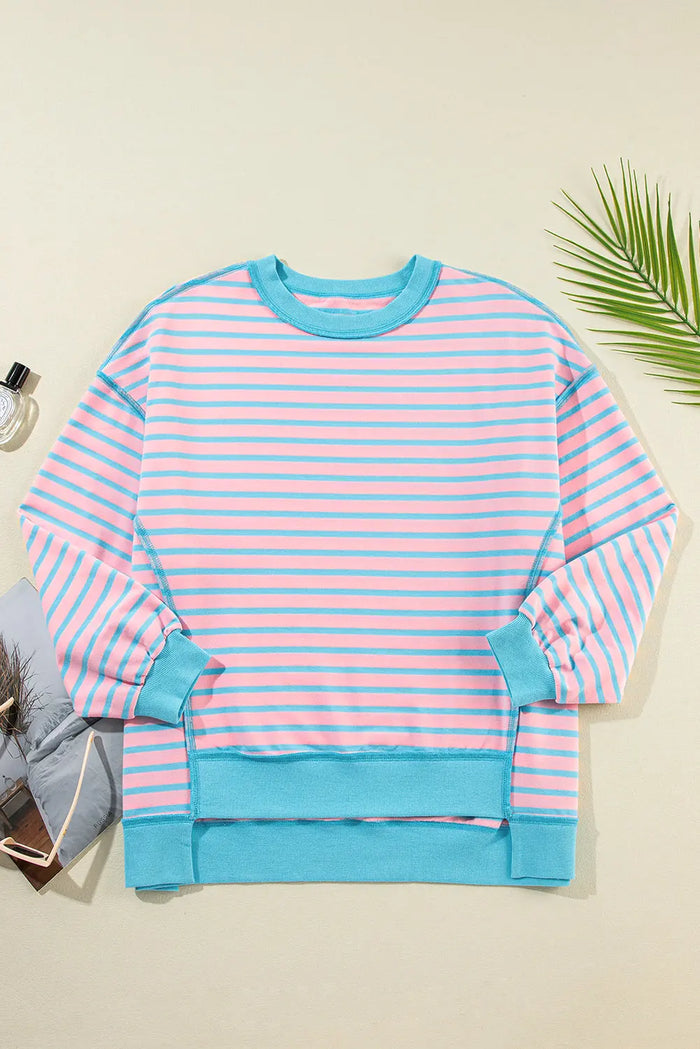 Pink Stripe Contrast Trim High Low Pullover Tunic Sweatshirt - Tops/Sweatshirts & Hoodies