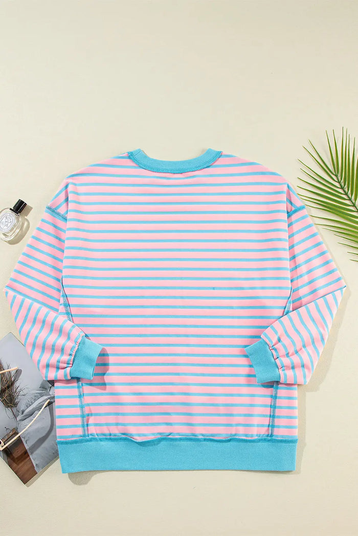 Pink Stripe Contrast Trim High Low Pullover Tunic Sweatshirt - Tops/Sweatshirts & Hoodies