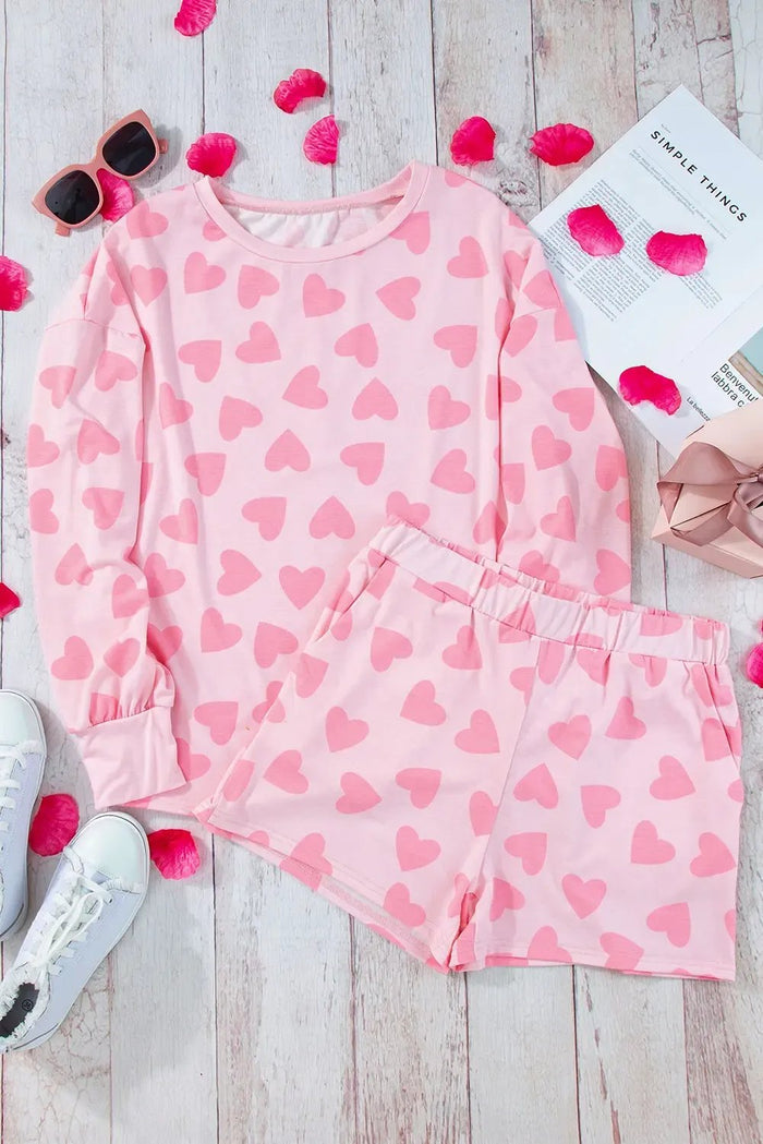 Pink Valentine Heart Shape Print Long Sleeve Top Shorts Lounge Set - Loungewear & Sleepwear/Loungewear