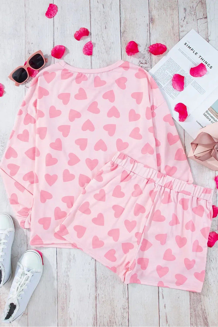 Pink Valentine Heart Shape Print Long Sleeve Top Shorts Lounge Set - Loungewear & Sleepwear/Loungewear