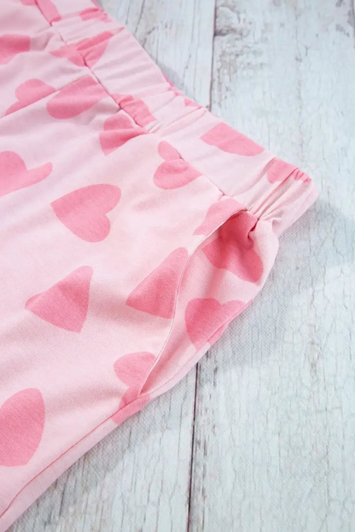 Pink Valentine Heart Shape Print Long Sleeve Top Shorts Lounge Set - Loungewear & Sleepwear/Loungewear