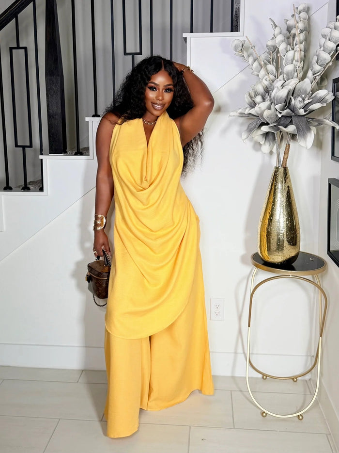 Plunge V Cowl Neck Halter Top And Wide Leg Pant 2pc Set