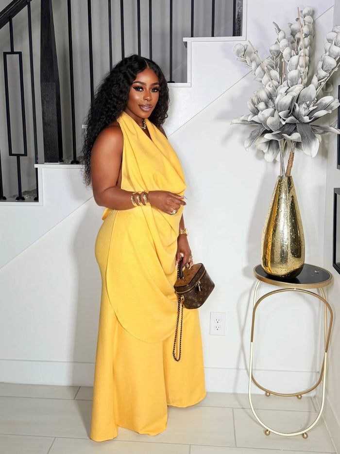 Plunge V Cowl Neck Halter Top And Wide Leg Pant 2pc Set