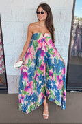 strapless pleated satin midi dress with watercolor floral print