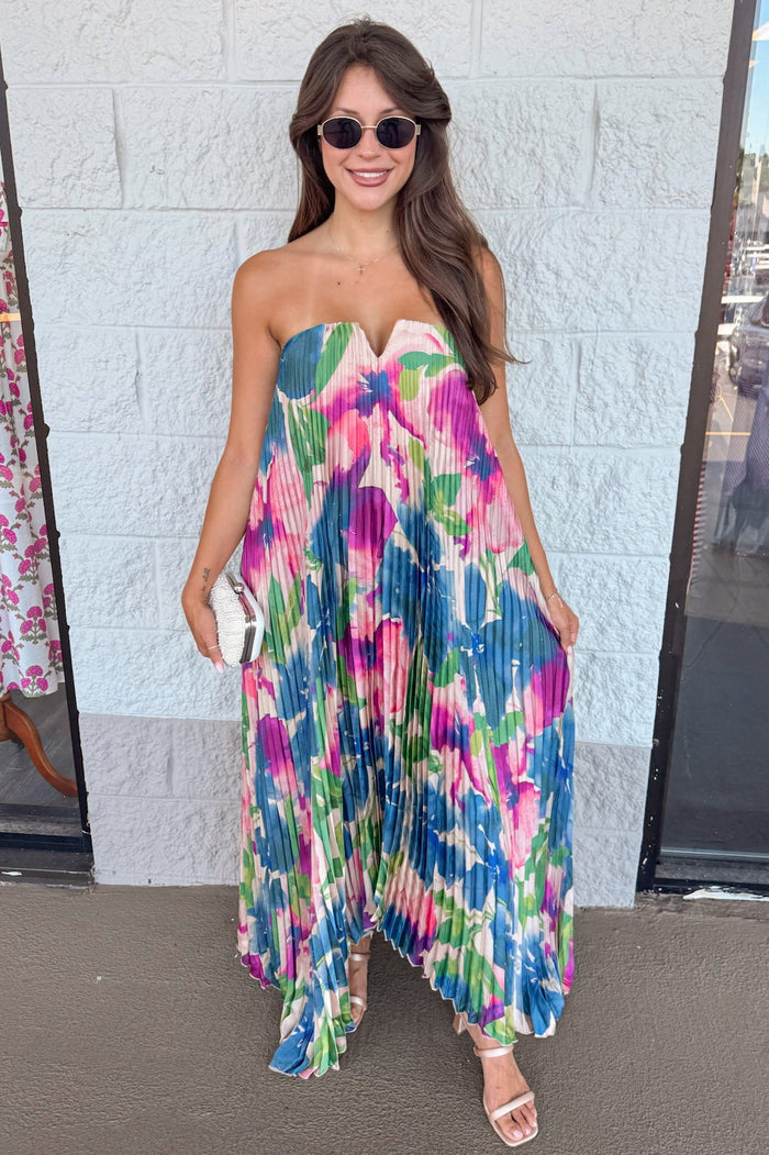 strapless pleated satin midi dress with watercolor floral print and shark bite hem