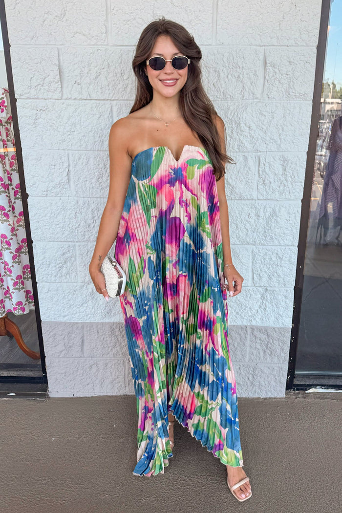 formal event wear pleated satin jewel tone floral print maxi dress