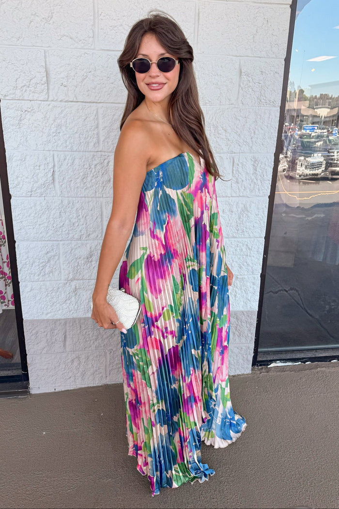 formal event wear pleated satin jewel tone floral print maxi dress side view