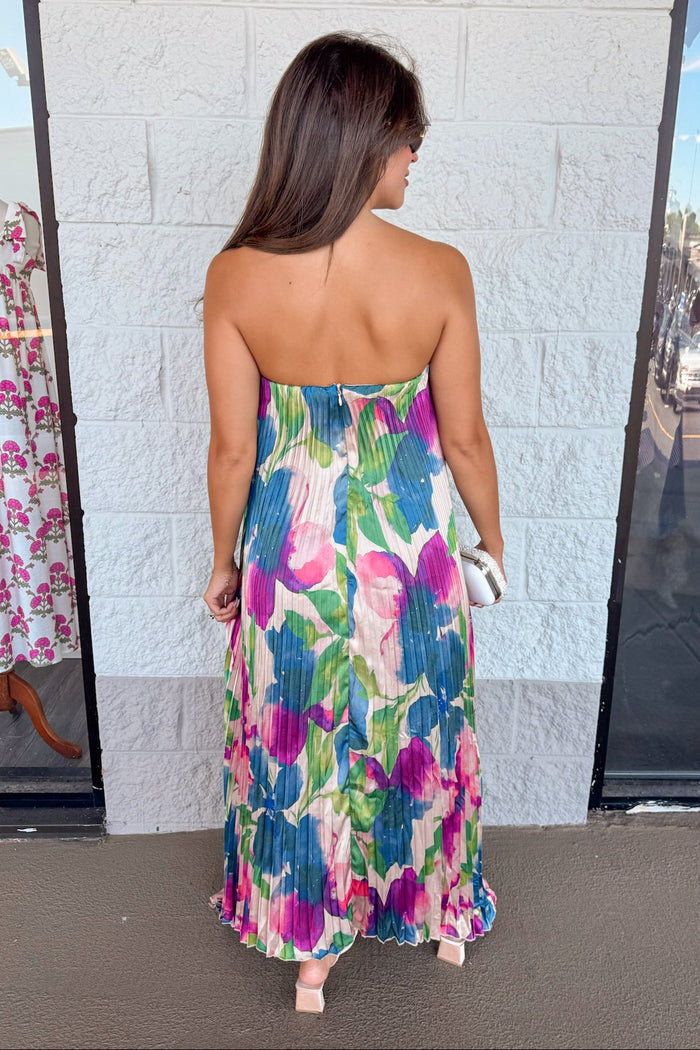 formal event wear pleated satin jewel tone floral print maxi dress