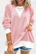 Peach Blossom Ribbed Colourblock Drop Shoulder Loose Top - PEACH BLOSSOM / S / 75% POLYESTER + 20% VISCOSE + 5%