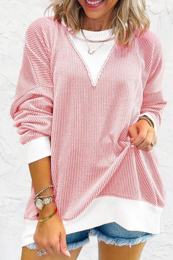Peach Blossom Ribbed Colourblock Drop Shoulder Loose Top - PEACH BLOSSOM / S / 75% POLYESTER + 20% VISCOSE + 5%