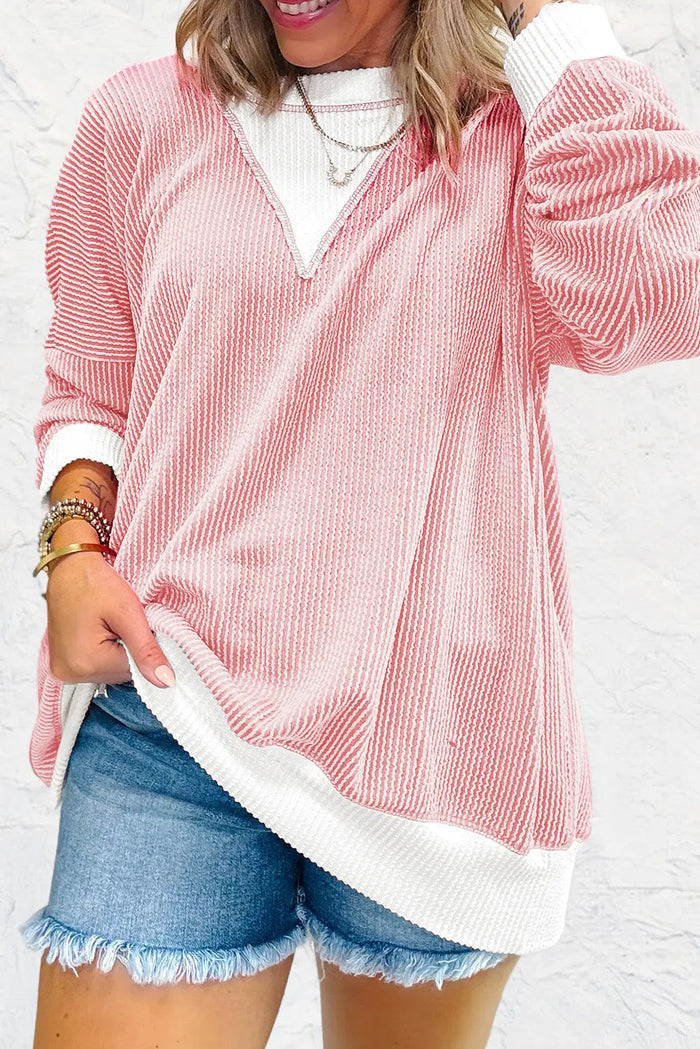 Peach Blossom Ribbed Colourblock Drop Shoulder Loose Top - Tops/Long Sleeve Tops